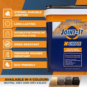 Promotional graphic for Joint-It Simple paving jointing mortar. The image features a blue and orange container of the product alongside a list of benefits, including strong, durable jointing, long lasting, suitable for porcelain and natural stone, weed resistant, pressure washer resistant, and eco-friendly. The product is available in four colours: neutral, grey, dark grey, and black, with sample blocks of each colour shown at the bottom