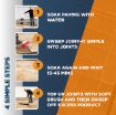 Step-by-step infographic showing how to apply Joint-It Simple paving jointing mortar. Step 1: Soak paving with water. Step 2: Sweep Joint-It Simple into joints. Step 3: Soak again and wait 15–45 minutes. Step 4: Top up joints with a soft brush and sweep off excess product. Visuals include a person using a hose, a broom, and a soft brush with product imagery in the background. Text reads “4 Simple Steps” in bold on the left side