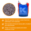 Infographic illustrating key benefits of crushed plum slate such as weed suppression, moisture retention, decorative finish, and low maintenance