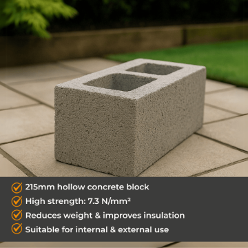 Hollow 215mm concrete block with small twin cavities placed on a paved patio, with neatly trimmed grass and a timber sleeper border in the background. Captured in natural daylight with soft garden surroundings.