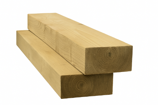 Two pressure-treated softwood sleepers of equal size stacked on top of each other, showcasing a smooth, planed finish with visible wood grain and end rings.