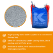 Promotional image displaying a close-up of fine grey stone dust and a Kellaway Building Supplies dumpy bag. Below are three key benefits listed: high-quality stone dust in a convenient bag, ideal for compacting under paving and artificial grass, and provides a stable base with excellent drainage