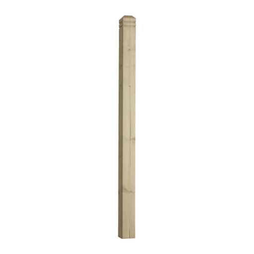 Close-up of a chamfered and beaded treated timber decking newel post, 1250mm tall with a decorative top, designed for use in garden balustrades and decking installations